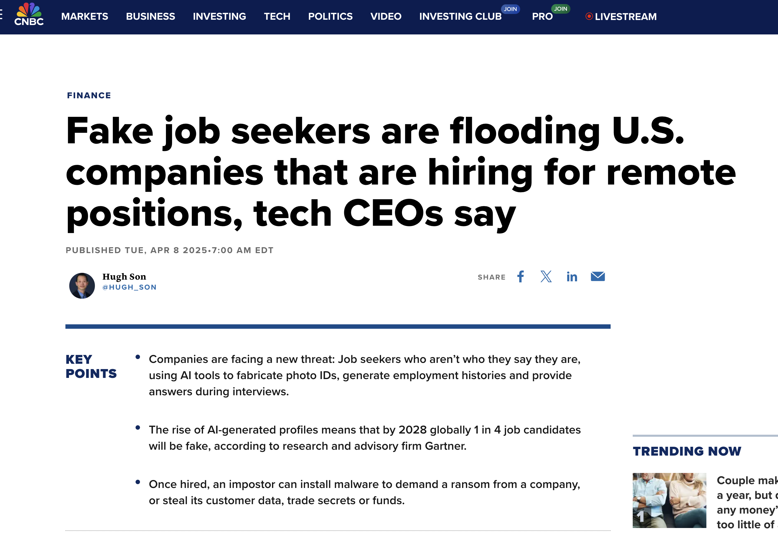 CNBC: Fake job seekers are flooding U.S. companies hiring for remote positions