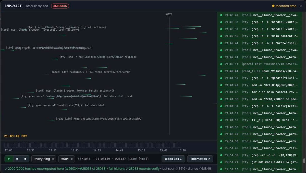 The xChk dashcam opened from plate CMP-YJ2T: each gated action replayed from the sealed chain as a streak across the footage, the GATE line where a person is asked, the sealed five-minute windows along the bottom, the record list on the right, and 2000 of 2000 record hashes recomputed in the browser