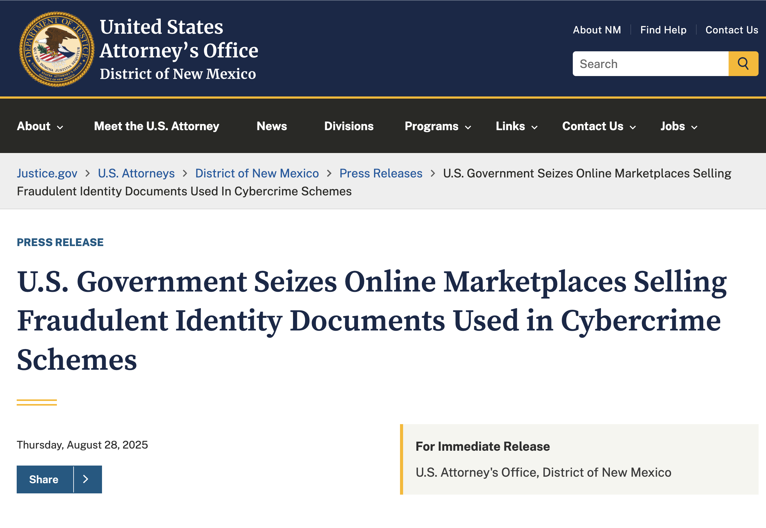 DOJ: U.S. Government Seizes Online Marketplaces Selling Fraudulent Identity Documents