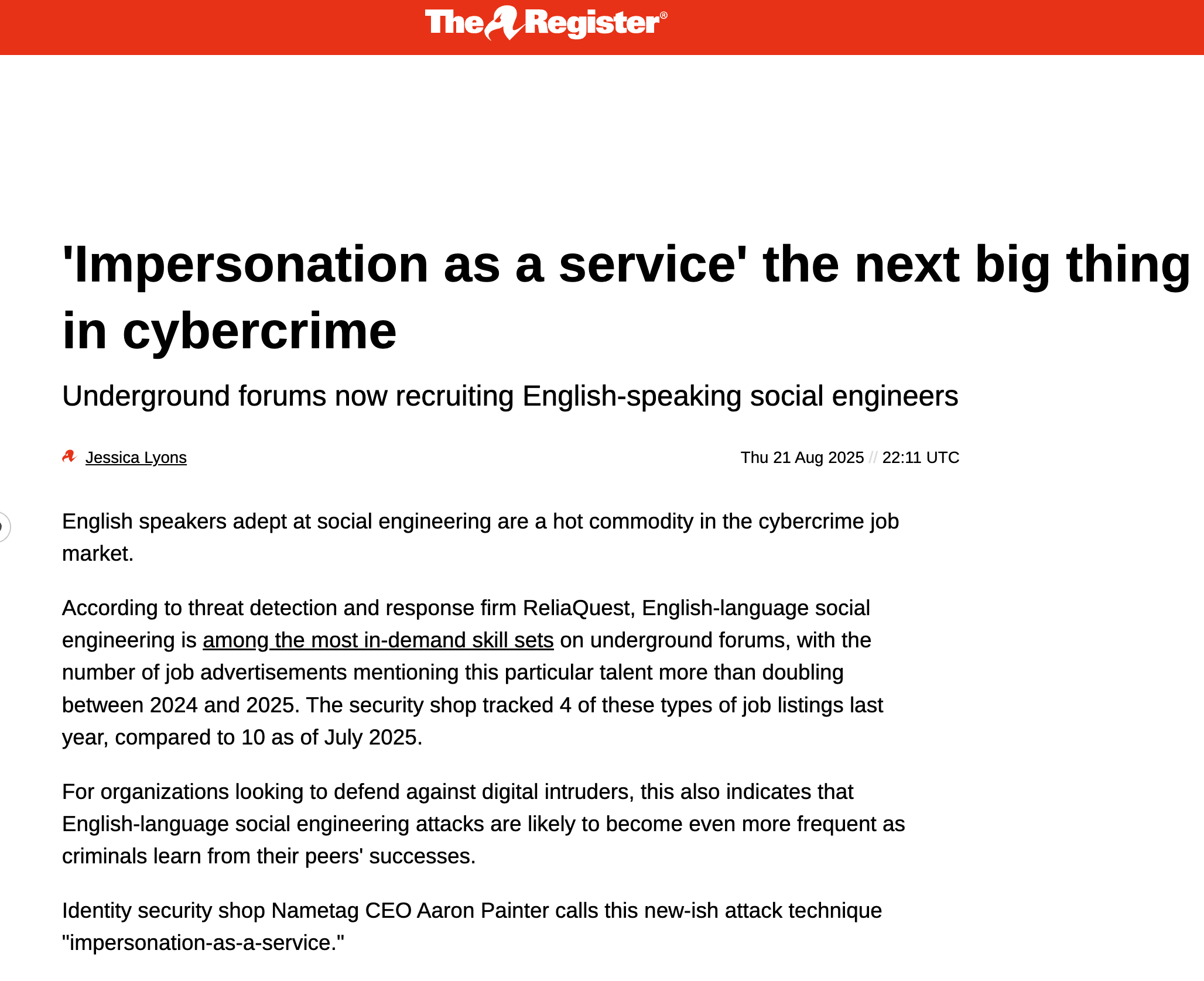 The Register: Impersonation as a service the next big thing in cybercrime