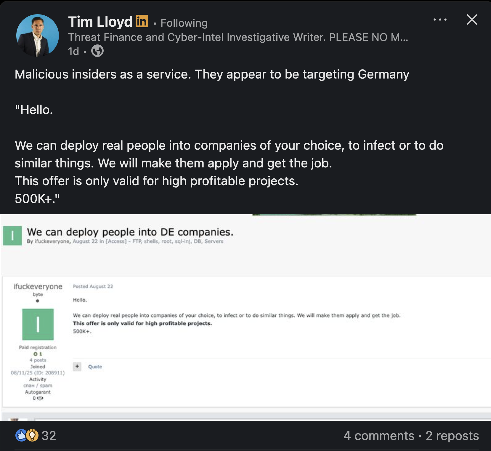 LinkedIn: Malicious insiders as a service targeting Germany