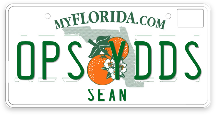 Agent license plate OPS YDDS, Florida venue, owner Sean
