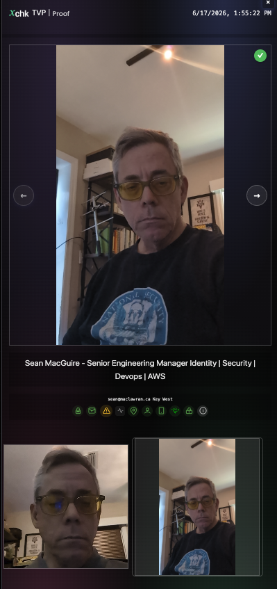 A real xChk proof page: live phone view of the verified person, two captures from different devices, and a row of signal icons